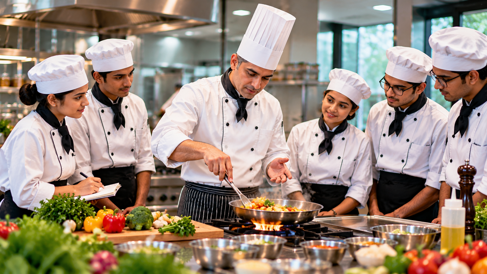 Chef instructor leading a culinary demonstration for students