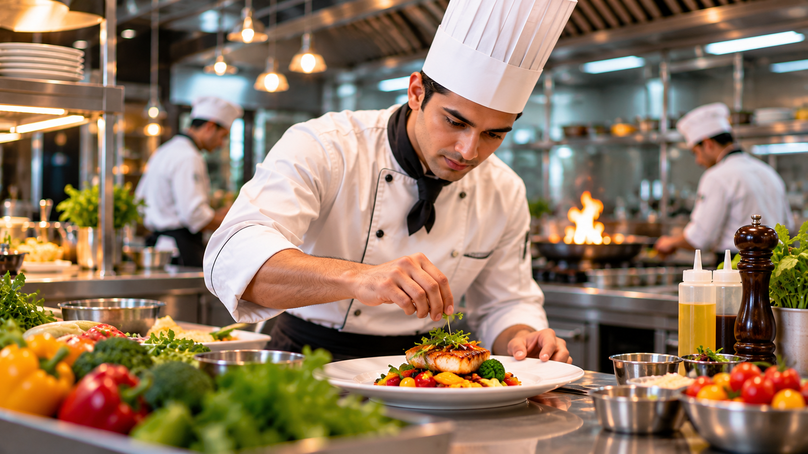 Precision plating in a modern kitchen, representing culinary arts and food presentation