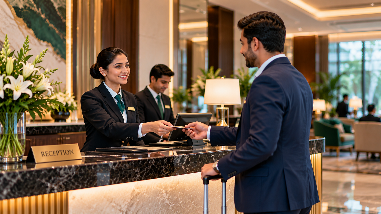 Warm welcome at the hotel reception, representing front office and guest service